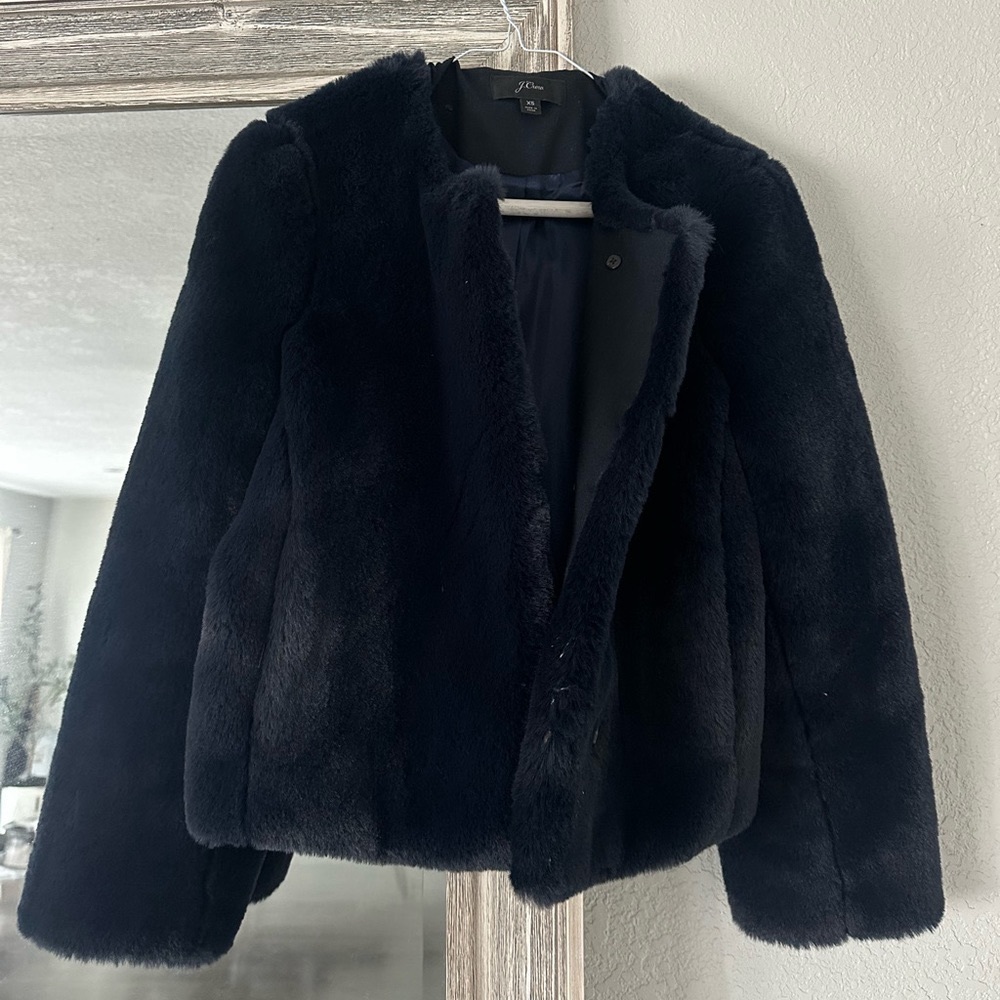 J Crew Navy Blue Faux Fur Coat